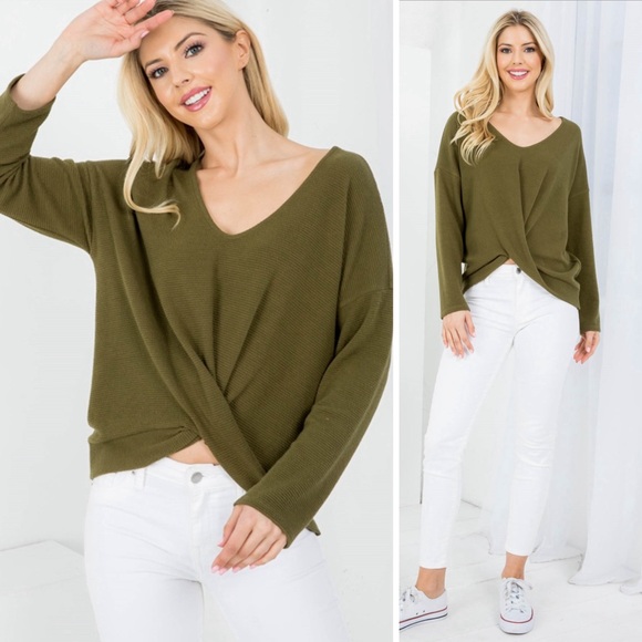 Front twist soft sweater in olive green - Picture 5 of 10